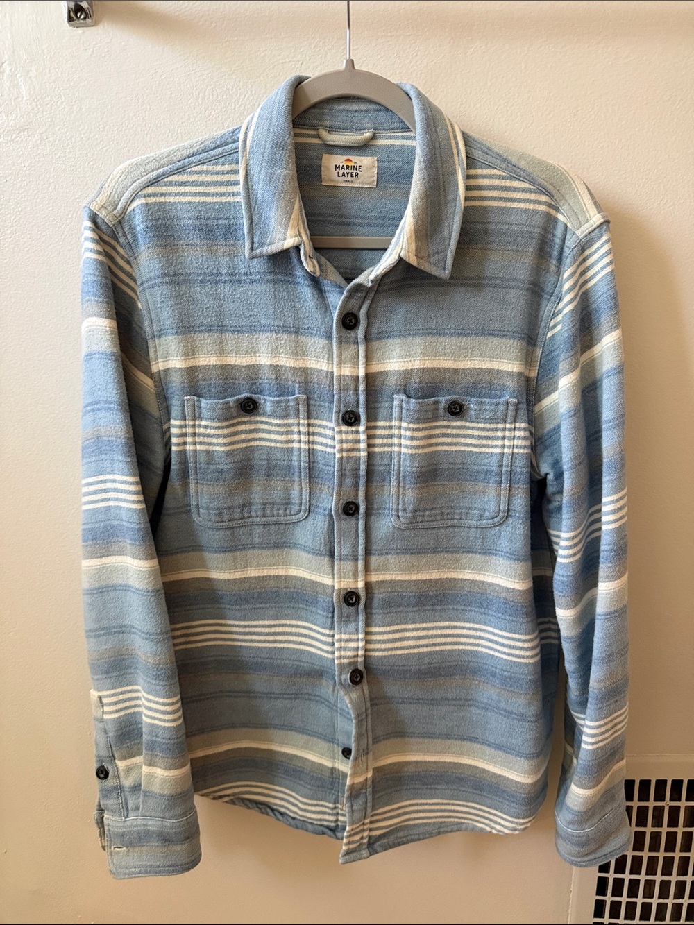 Marine Layer Light Blue and White Striped Flannel Over Shirt
